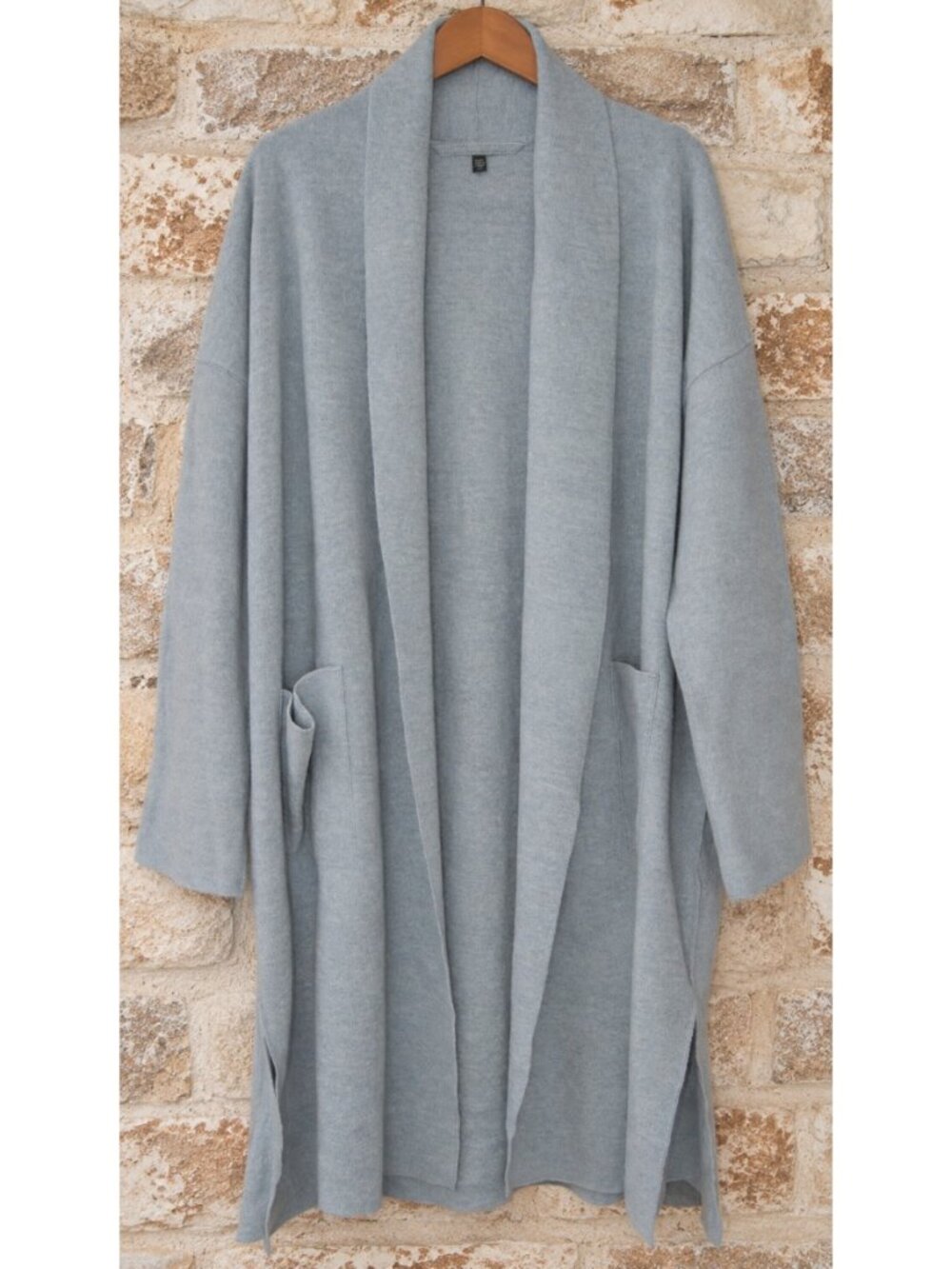 Eileen Fisher L 100% Wool Cardigan Sweater Coat Duster Long Open Shawl Pockets